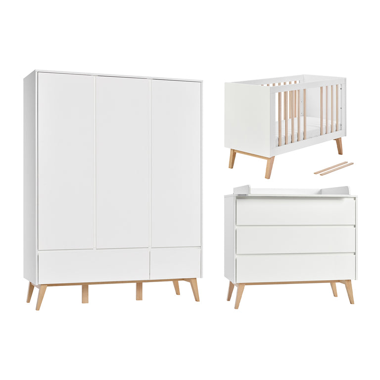 Chambre complète lit évolutif 60x120 commode à langer et armoire 3 portes Pinio Swing - Blanc et bois - vue 2