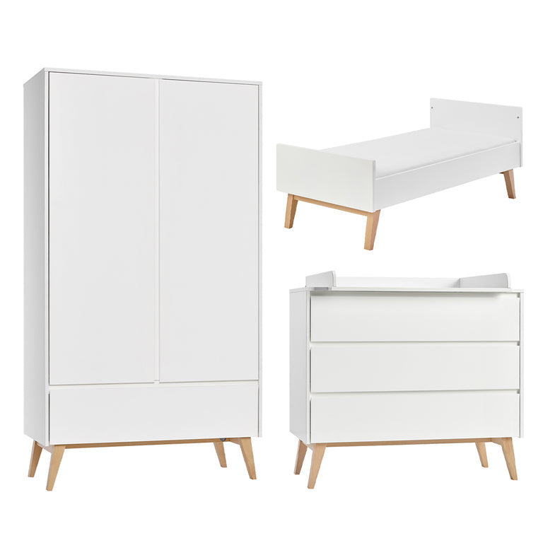 Chambre complète lit évolutif 70x140 commode à langer et armoire 2 portes Pinio Swing - Blanc et bois