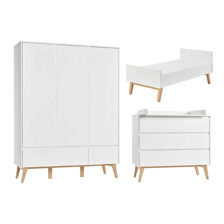 Chambre complète lit évolutif 70x140 commode à langer et armoire 3 portes Pinio Swing - Blanc et bois - vue 2