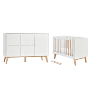 Lit évolutif 60x120 et commode 4 tiroirs 1 porte Pinio Swing - Blanc et bois