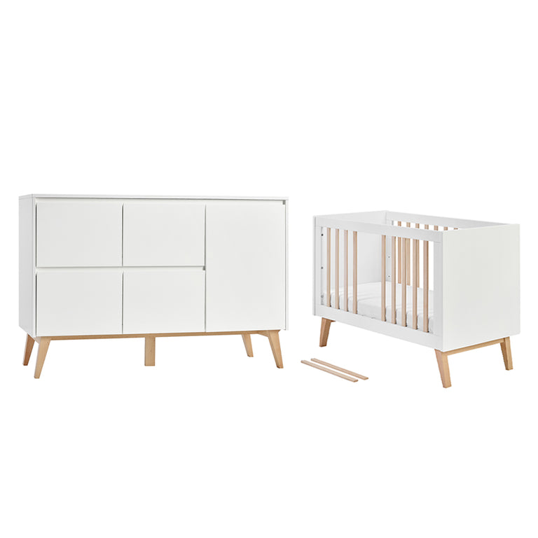 Lit évolutif 60x120 et commode 4 tiroirs 1 porte Pinio Swing - Blanc et bois