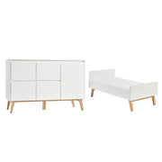 Lit évolutif 70x140 et commode 4 tiroirs 1 porte Pinio Swing - Blanc et bois