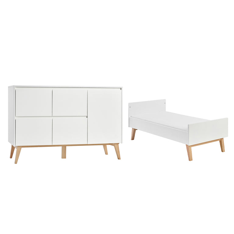 Lit évolutif 70x140 et commode 4 tiroirs 1 porte Pinio Swing - Blanc et bois