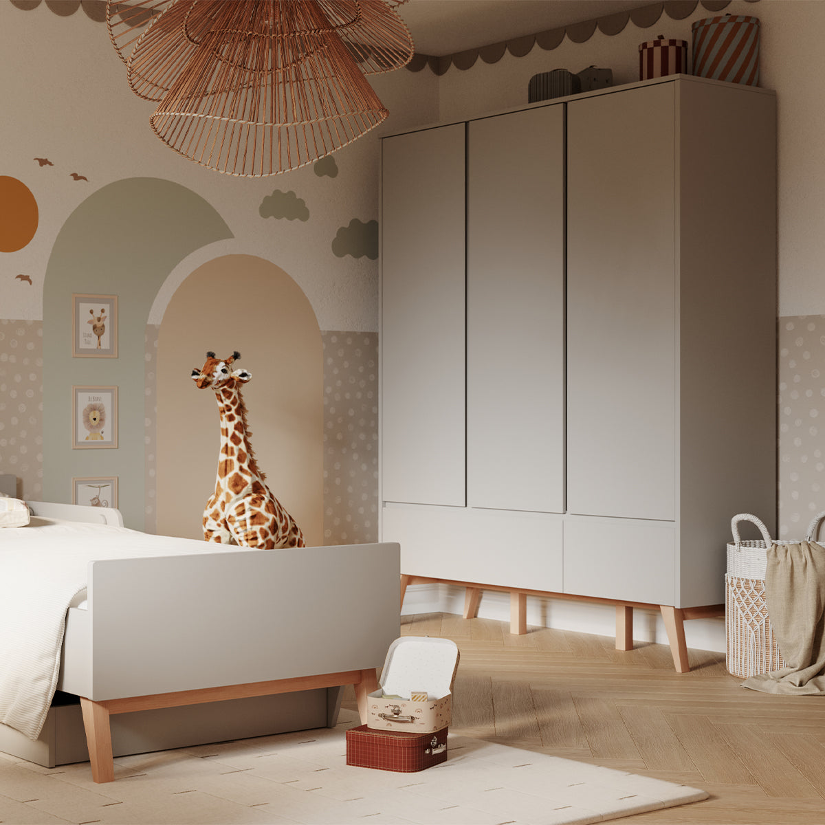 Armoire 3 portes 2 tiroirs Pinio Swing Gris et bois - vue 4