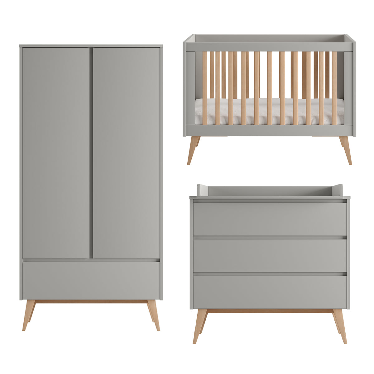 Chambre complète lit évolutif 60x120 commode à langer et armoire 2 portes Pinio Swing Gris et bois