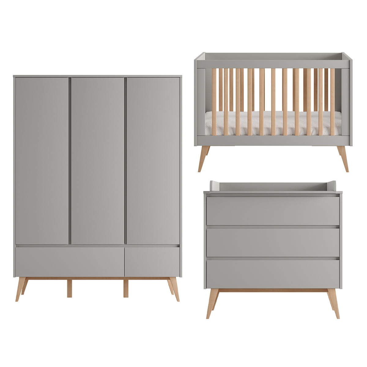 Chambre complète lit évolutif 60x120 commode à langer et armoire 3 portes Pinio Swing Gris et bois
