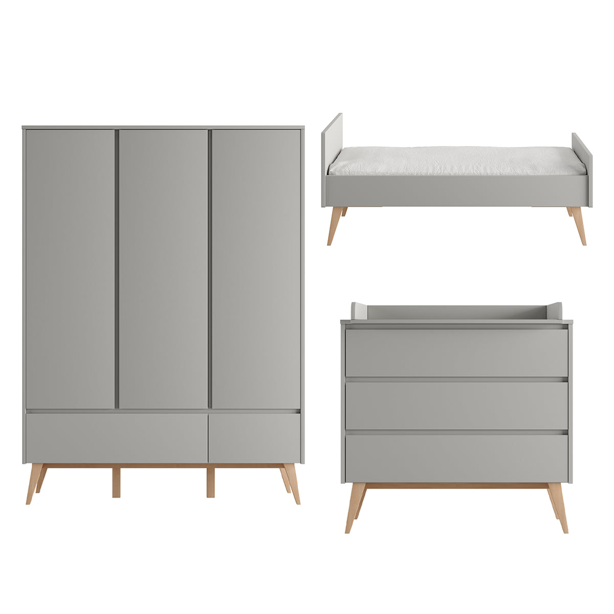 Chambre complète lit évolutif 70x140 commode à langer et armoire 3 portes Pinio Swing Gris et bois
