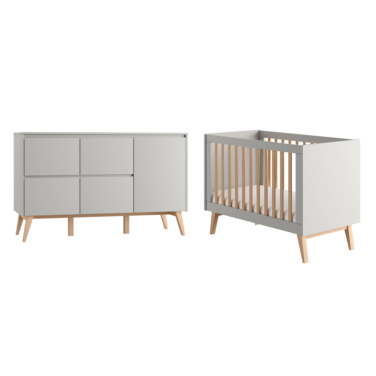 Lit évolutif 60x120 et commode 4 tiroirs 1 porte Pinio Swing Gris et bois