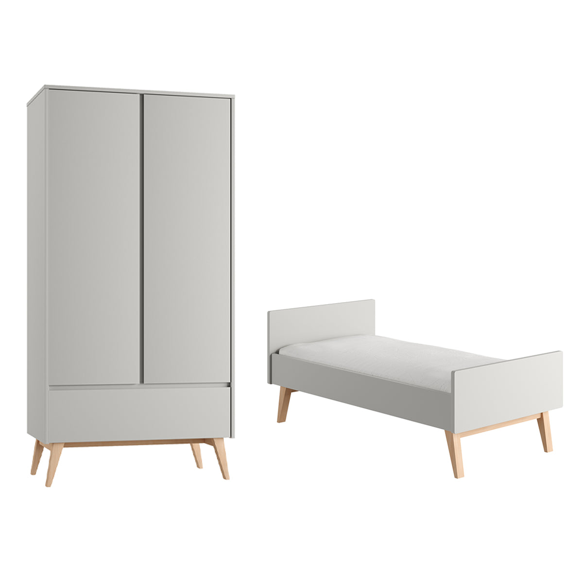 Lit évolutif 70x140 et armoire 2 portes Pinio Swing Gris et bois