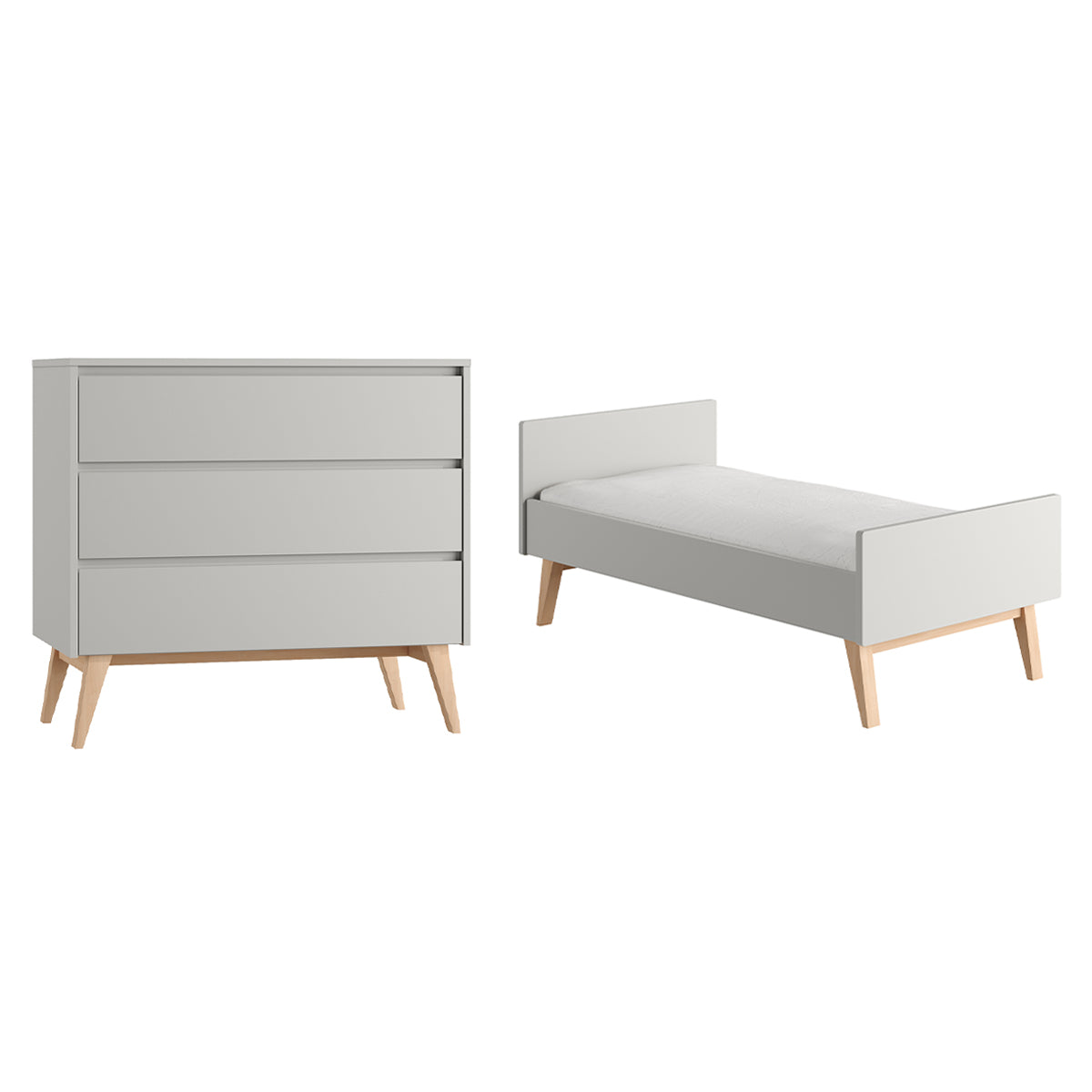 Lit évolutif 70x140 et commode 3 tiroirs Pinio Swing Gris et bois