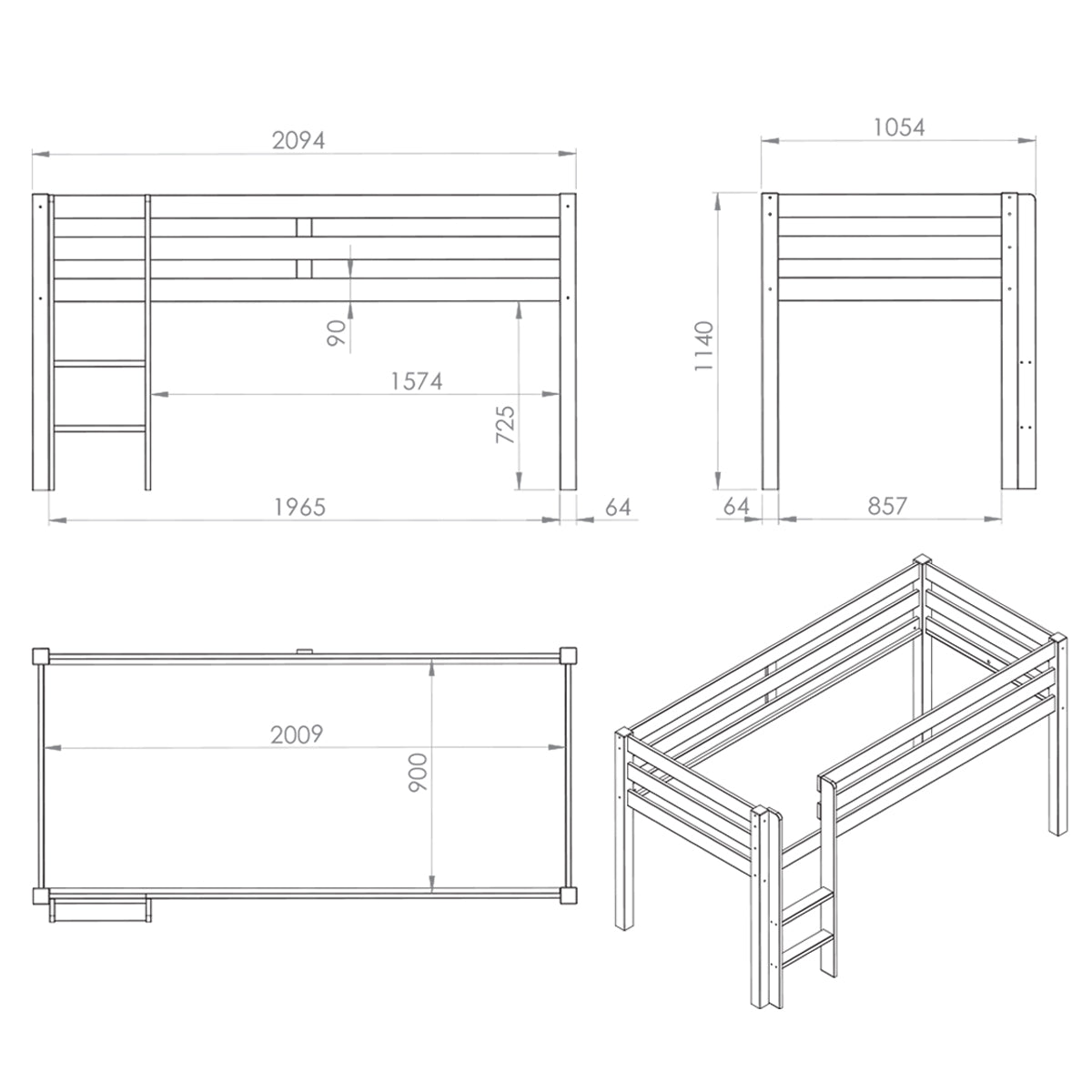 Lit Mi-Hauteur 90x200 sommier inclus housse Space Vipack Pino Blanc - vue 5