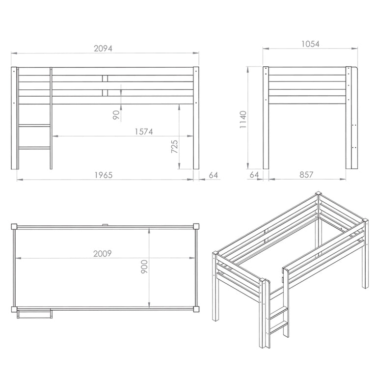 Lit Mi-Hauteur 90x200 sommier inclus housse Pet Shop Vipack Pino Bois - vue 6