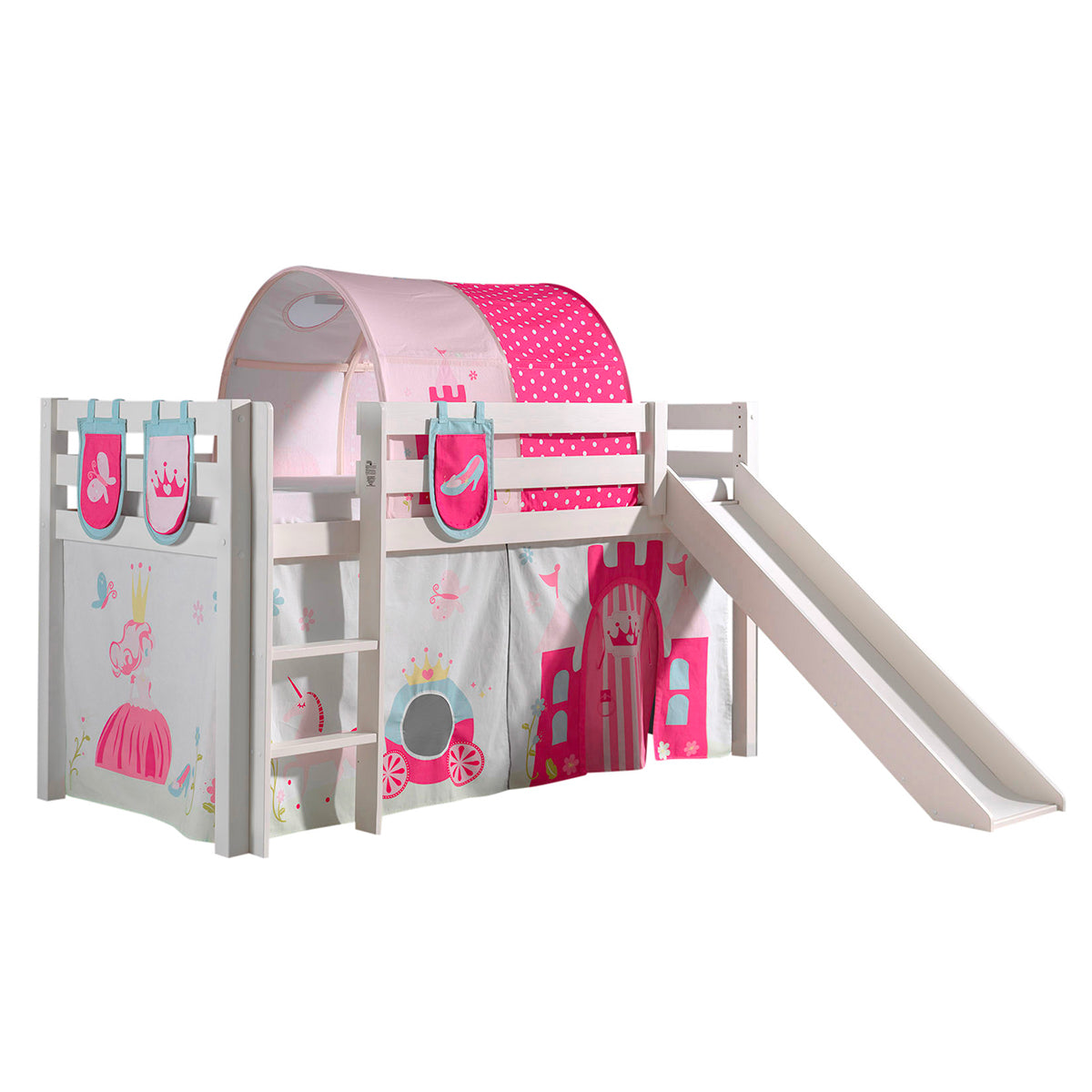 Lit Mi-Hauteur 90x200 avec Toboggan Sommier Inclus et Housse Princesse Vipack Pino - Blanc - vue 2