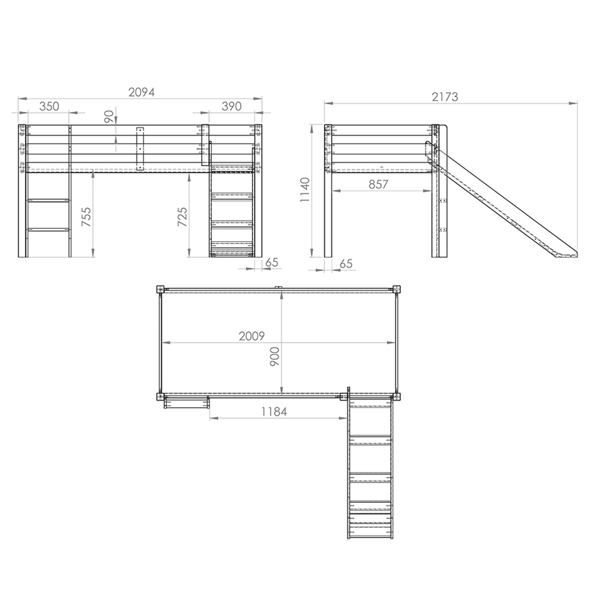 Lit Mi-Hauteur 90x200 Toboggan sommier inclus housse Fairy Vipack Pino Blanc - vue 5