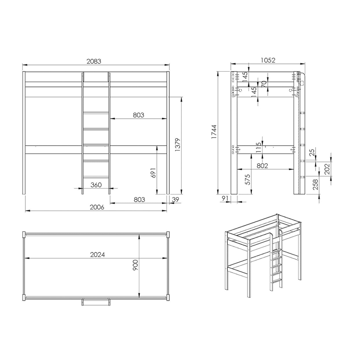 Lit Mezzanine 90x200 Sommier Inclus avec bureau Vipack Pino Gris - vue 4