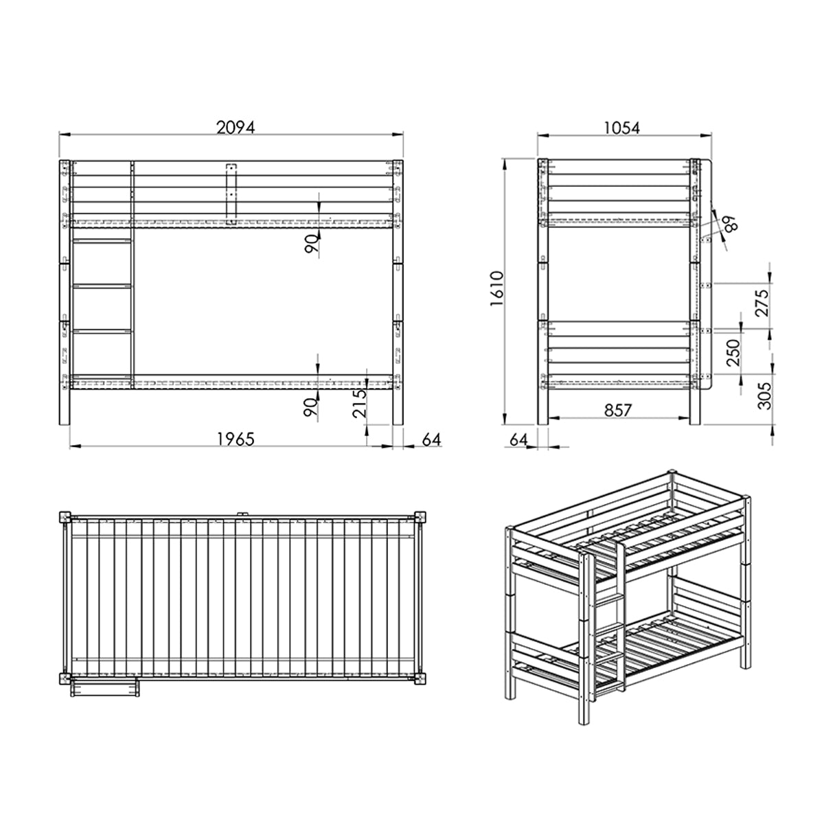 Lit Superposé 90x200 Hauteur 160 cm Sommier Inclus Vipack Pino - Blanc - vue 4