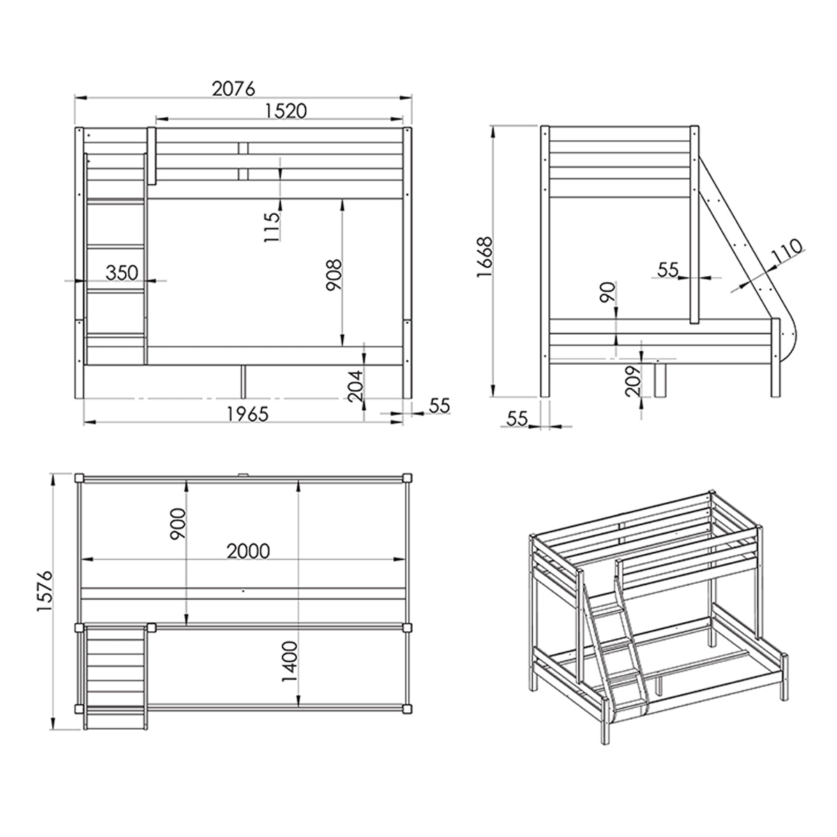Lit Superposé 90x200 et 140x200 Sommier Inclus Vipack Pino - Blanc - vue 3