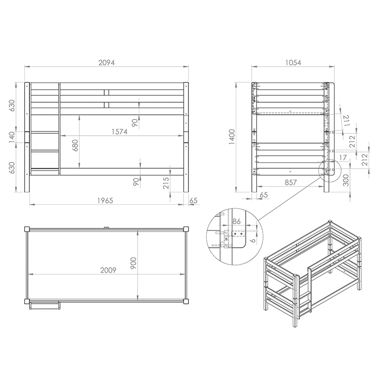 Lit Superposé 90x200 Hauteur 140 cm Sommier Inclus Vipack Pino - Bois - vue 3