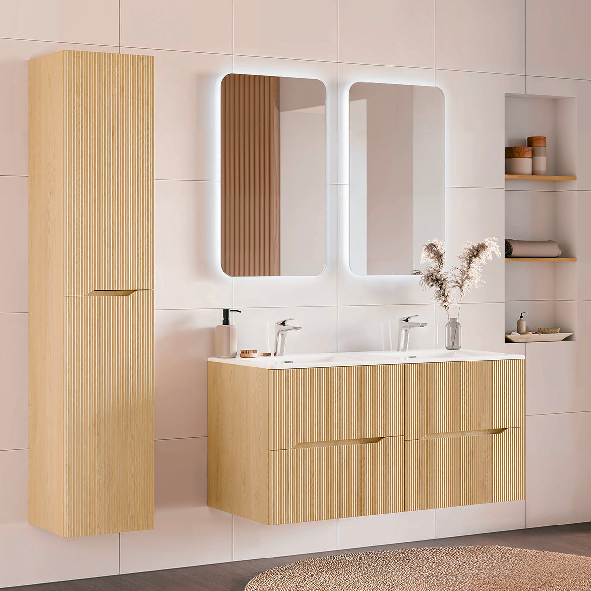 Ensemble meuble double vasque encastrée 120cm et colonne Isaline Bois