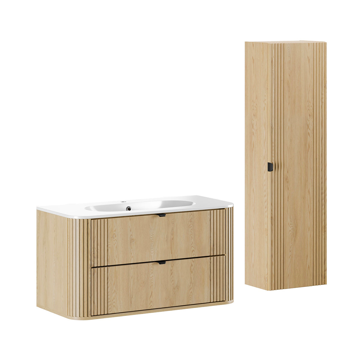 Ensemble meuble simple vasque encastrée 100cm et colonne Mila Bois - vue 2