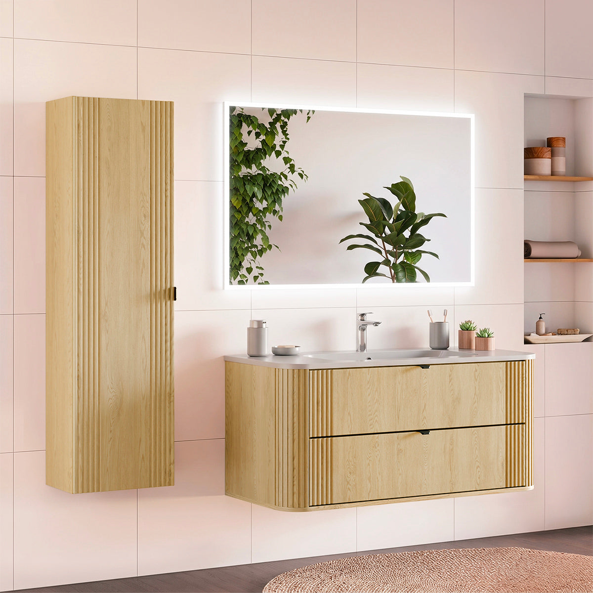 Ensemble meuble simple vasque encastrée 120cm et colonne Mila Bois