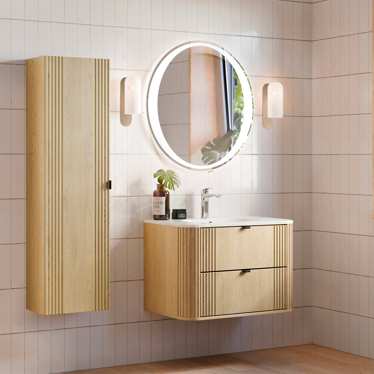 Ensemble meuble simple vasque encastrée 80cm et colonne Mila Bois