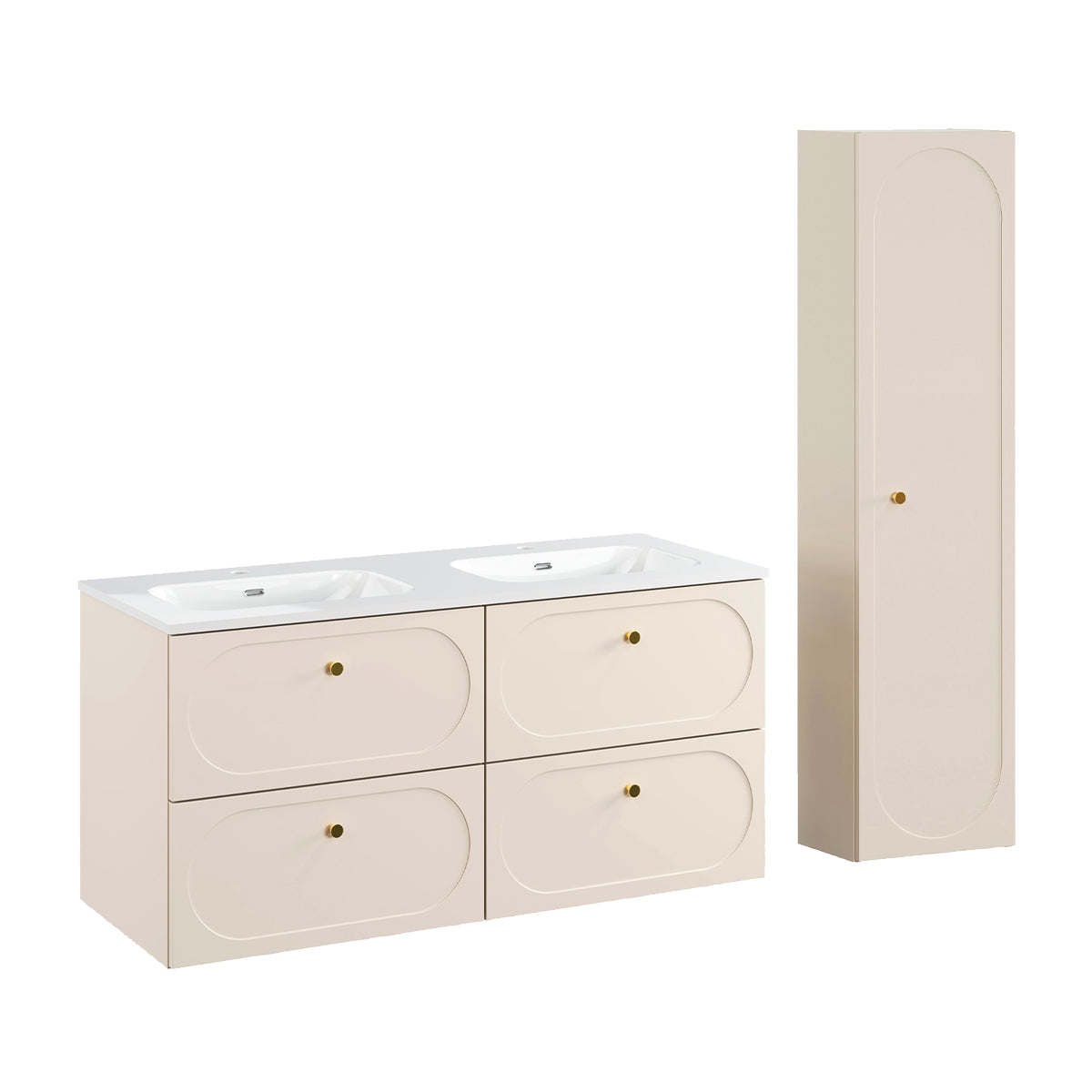 Ensemble meuble double vasque encastrée 120cm et colonne Sanae Beige sable - vue 2