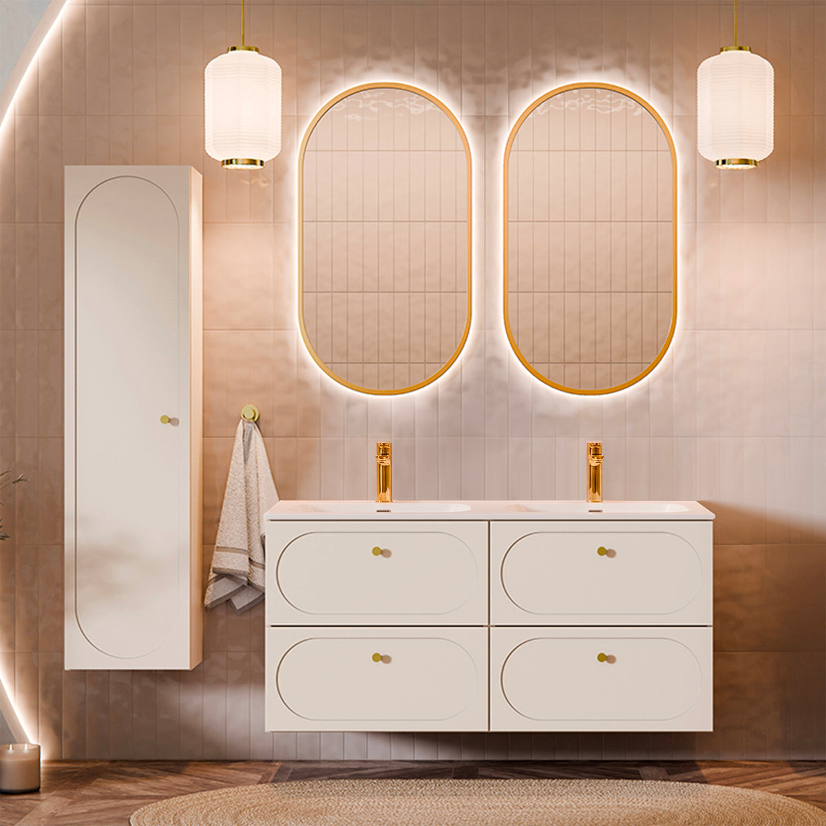 Ensemble meuble double vasque encastrée 120cm et colonne Sanae Beige sable