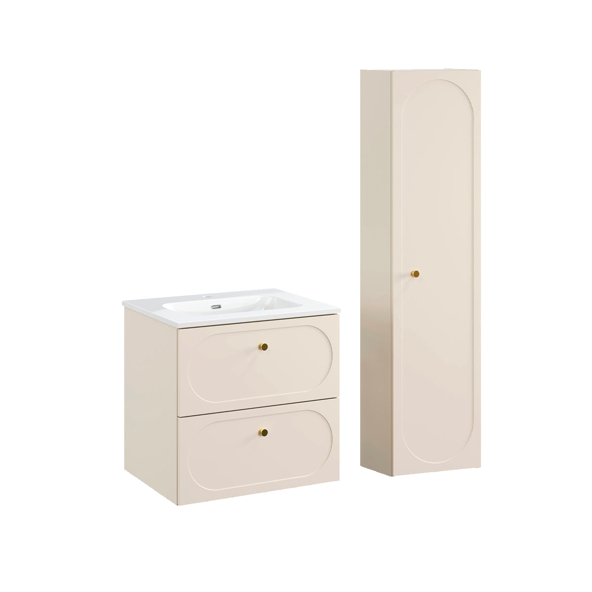 Ensemble meuble simple vasque encastrée 60cm et colonne Sanae Beige sable - vue 2