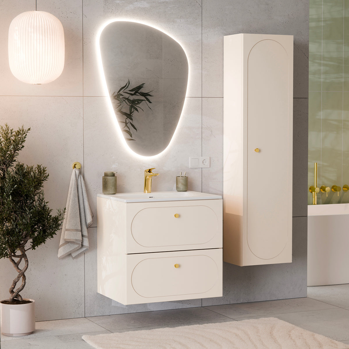 Ensemble meuble simple vasque encastrée 60cm et colonne Sanae Beige sable