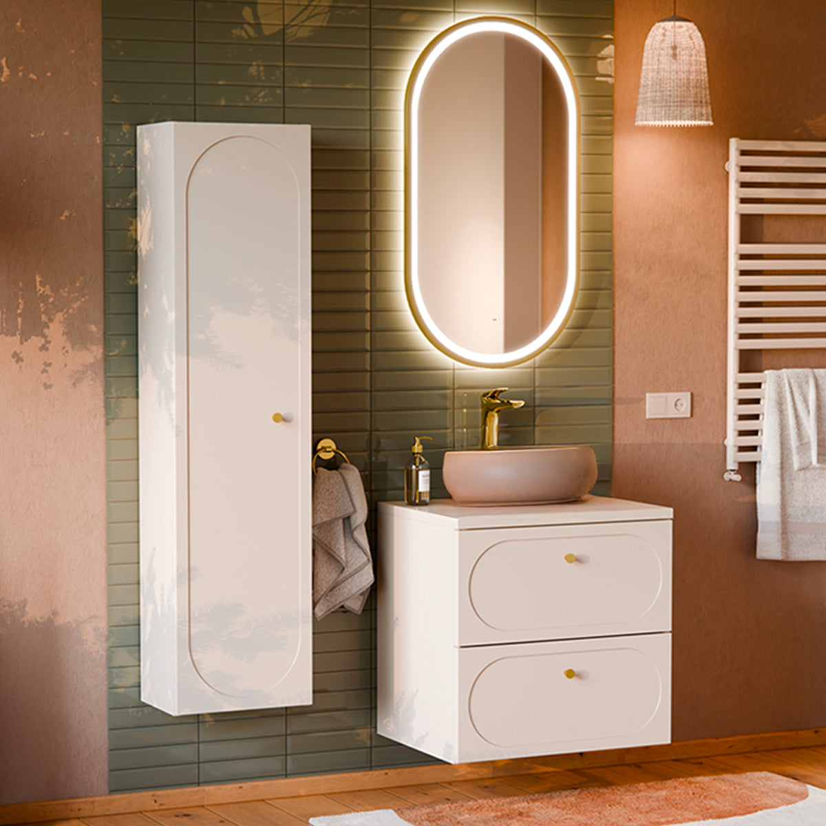 Ensemble meuble simple vasque 60cm et colonne Sanae Beige sable