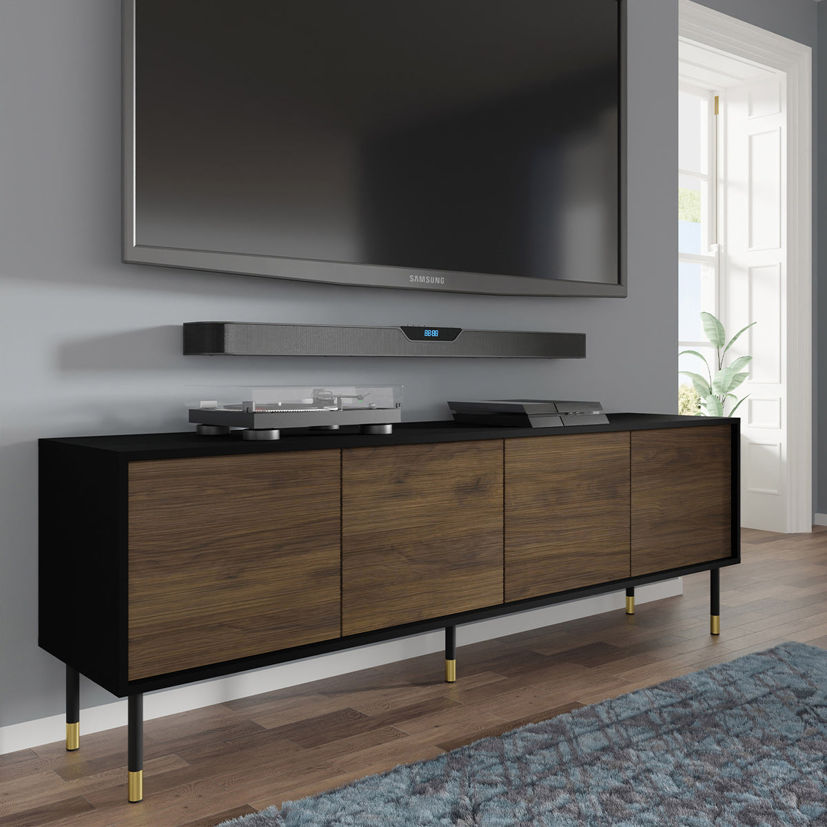 Meuble TV 4 portes 180 cm Rani Bois et Noir - vue 3