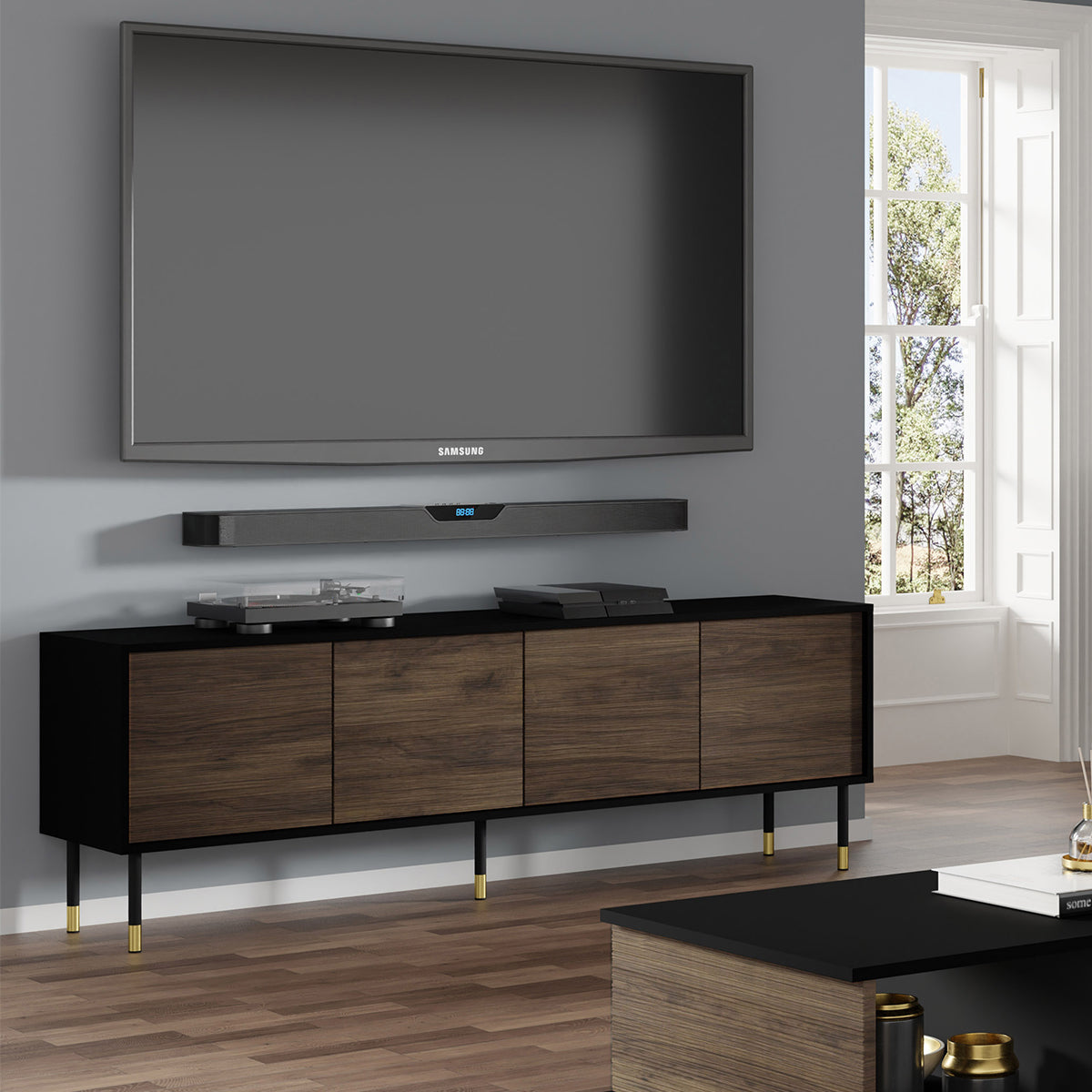 Meuble TV 4 portes 180 cm Rani Bois et Noir - vue 4