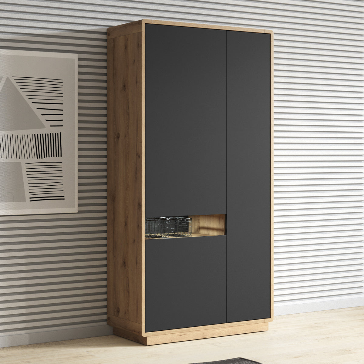 Armoire 3 portes Raven Noir et Bois - vue 4