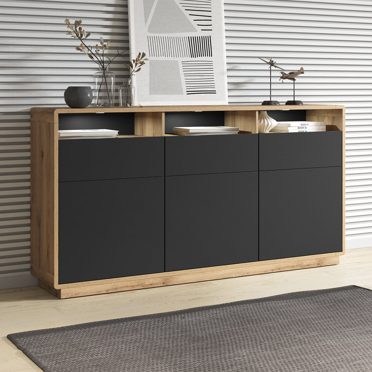 Buffet 3 portes 3 tiroirs Raven Noir et Bois - vue 4