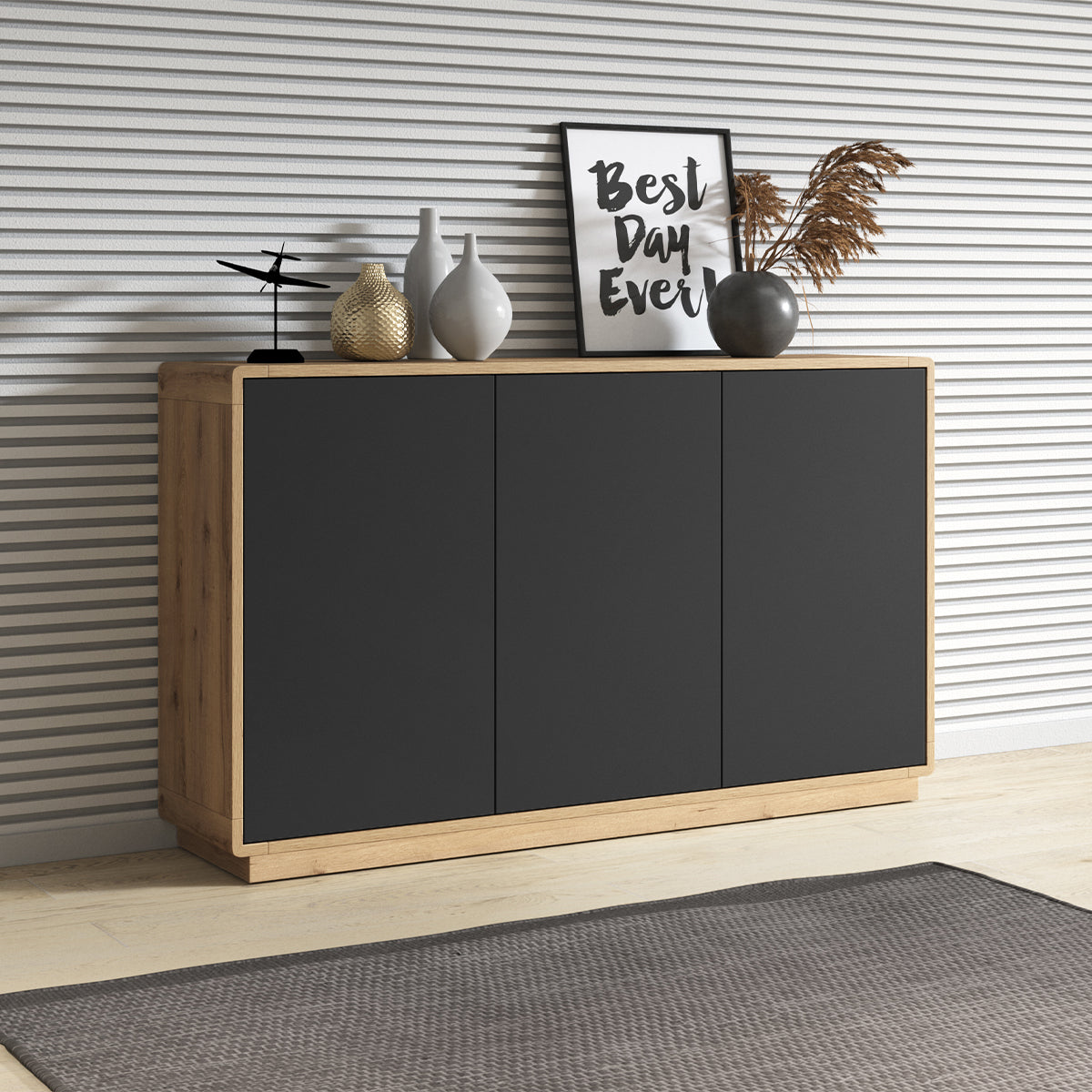 Buffet 3 portes Raven Noir et Bois - vue 4