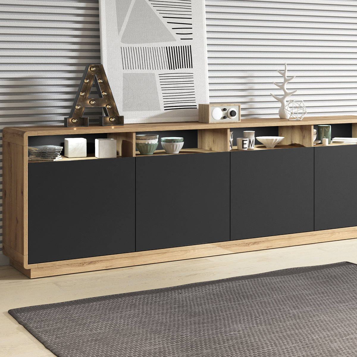 Buffet 4 portes Raven Noir et Bois - vue 4