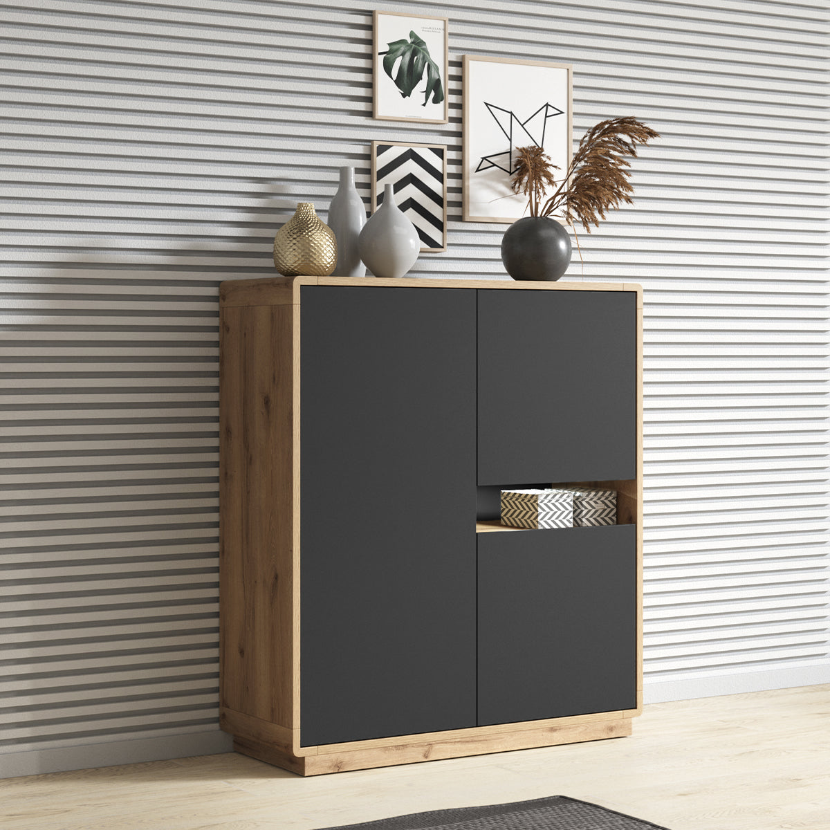 Buffet haut 3 portes Raven Noir et Bois - vue 4