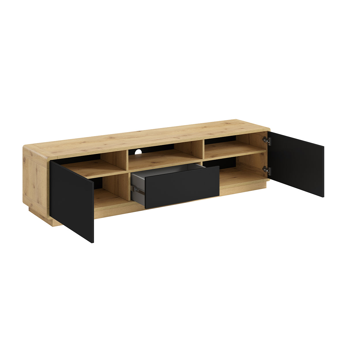 Meuble TV 2 portes 1 tiroir 180 cm Raven Noir et Bois - vue 3