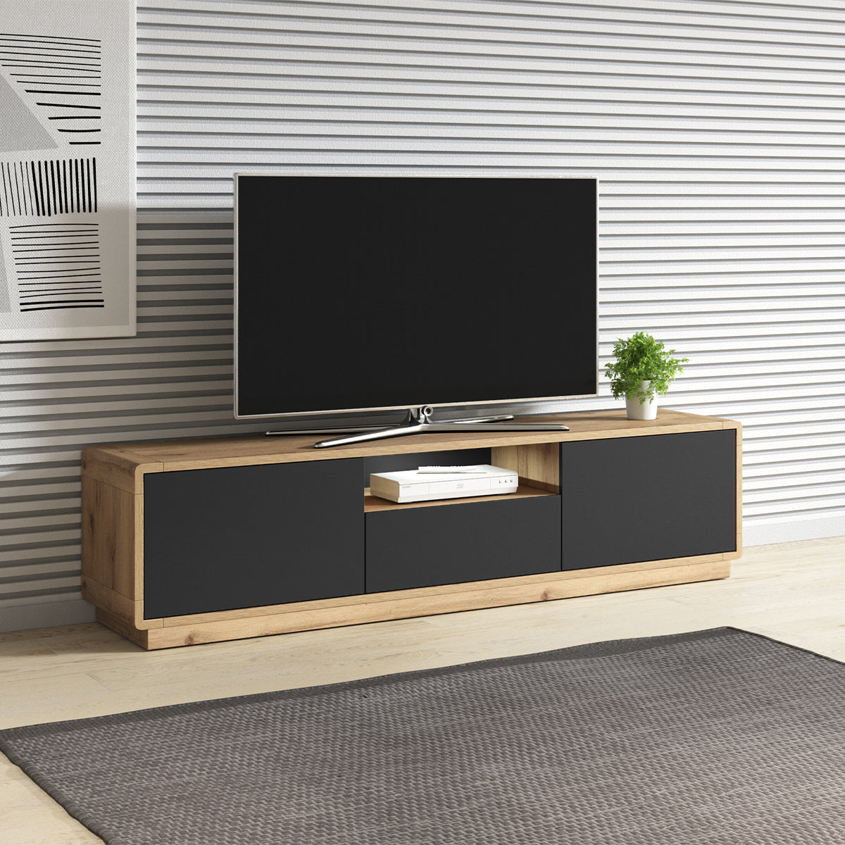 Meuble TV 2 portes 1 tiroir 180 cm Raven Noir et Bois - vue 4