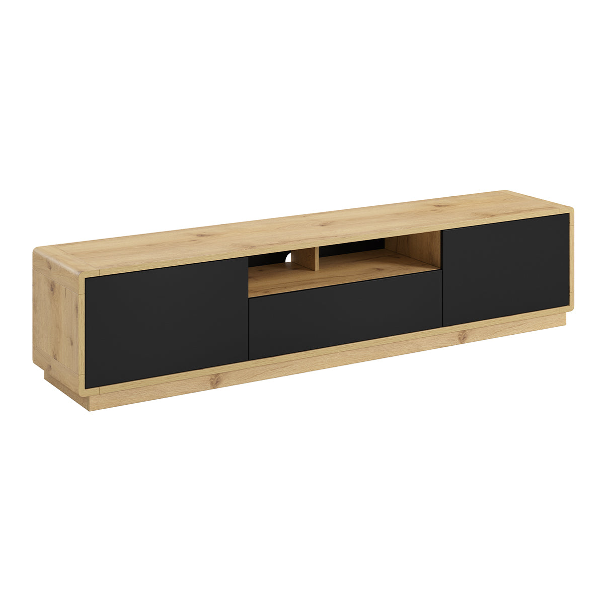 Meuble TV 2 portes 1 tiroir 200 cm Raven Noir et Bois