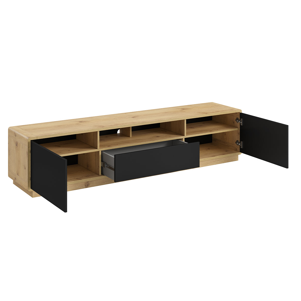 Meuble TV 2 portes 1 tiroir 200 cm Raven Noir et Bois - vue 3