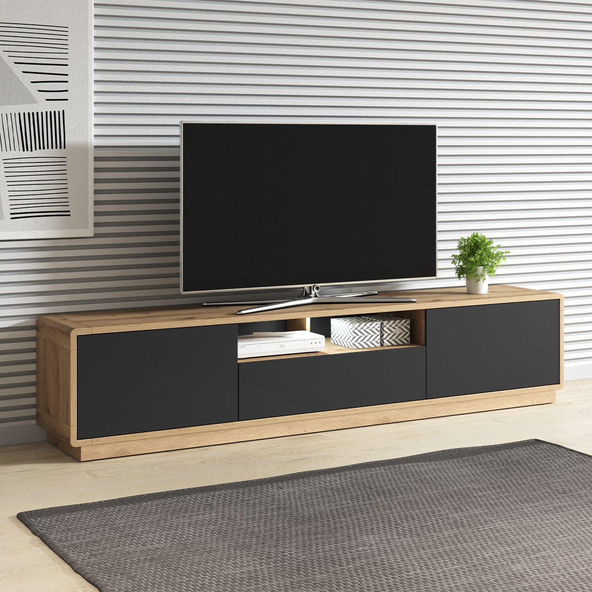 Meuble TV 2 portes 1 tiroir 200 cm Raven Noir et Bois - vue 4