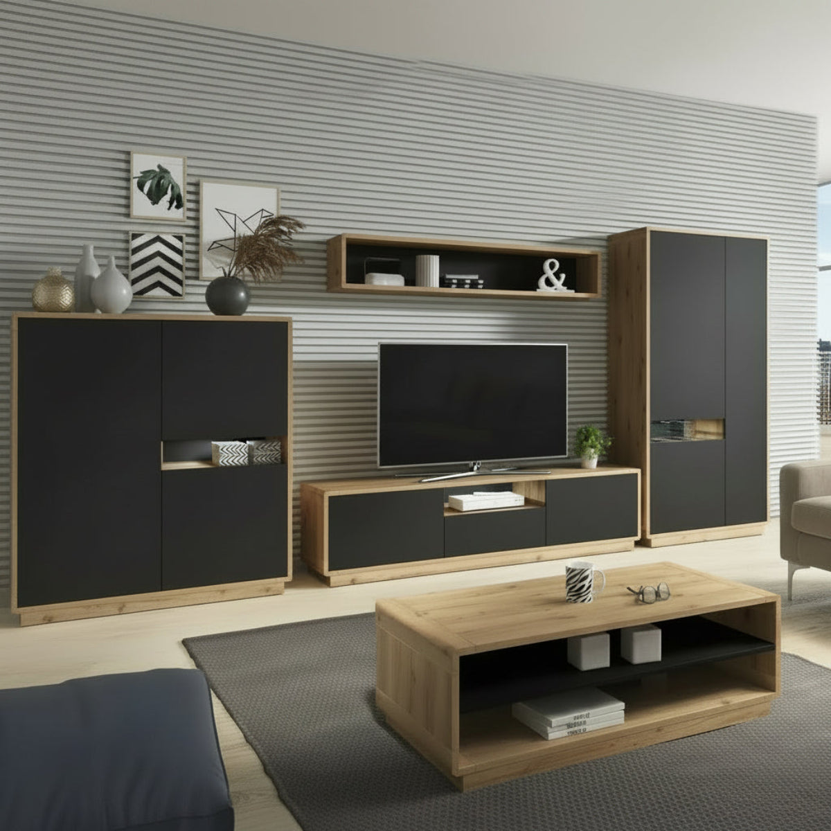 Meuble TV 2 portes 1 tiroir 200 cm Raven Noir et Bois