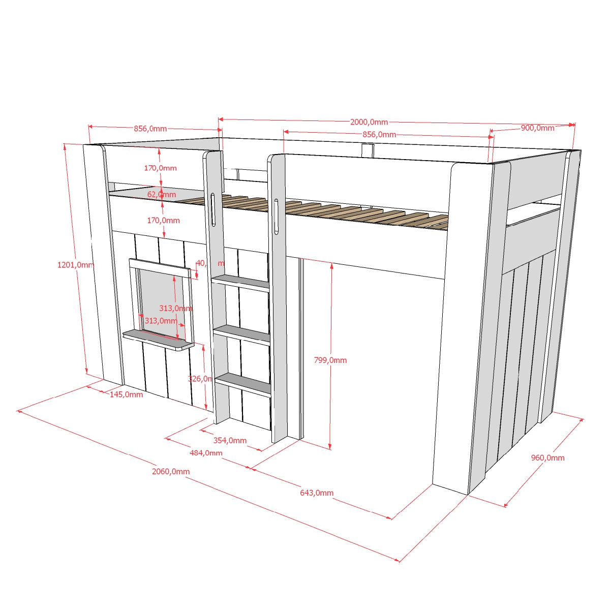 Lit cabane mi-hauteur 90x200 sommier inclus Vipack Reno Blanc - vue 4