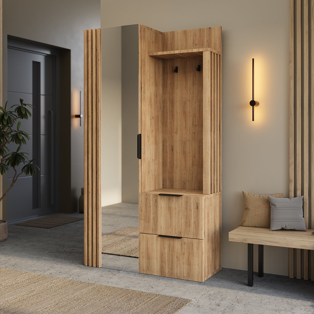 Meuble d'entrée 1 porte 2 tiroirs Rony Bois - vue 2