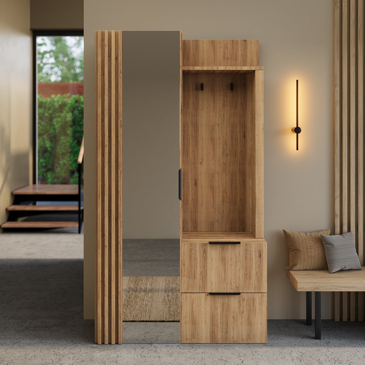 Meuble d'entrée 1 porte 2 tiroirs Rony Bois - vue 3