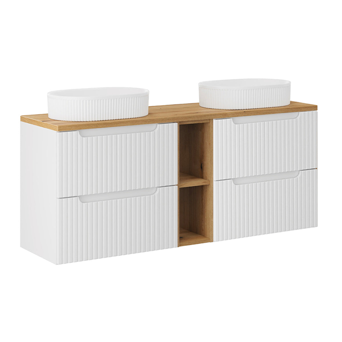 Meuble double vasque 140cm 4 tiroirs 2 niches Riva Blanc et Bois