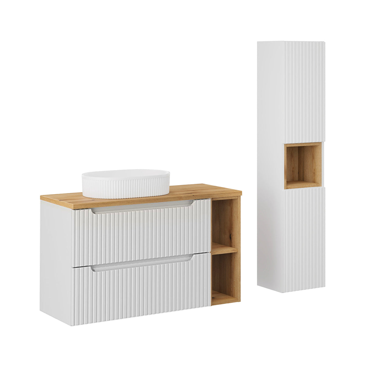 Ensemble meuble simple vasque 100cm 2 tiroirs 2 niches et colonne Riva Blanc et Bois