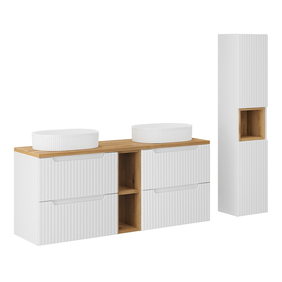 Ensemble meuble double vasque 140cm 4 tiroirs 2 niches et colonne Riva Blanc et Bois